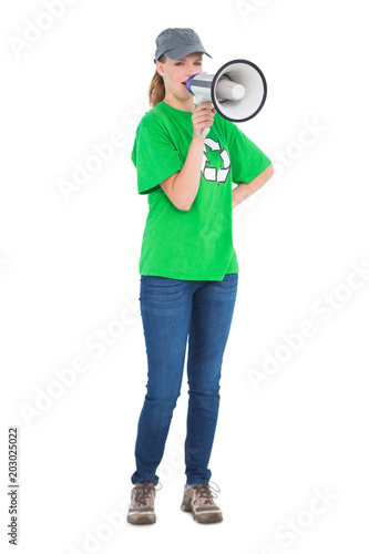 Dynamic pretty environmental activist yelling in a megaphone