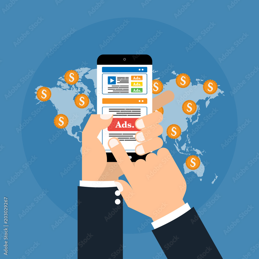Hands with smart mobile phone has digital advertising ads social media  online marketing on world map with coins money. Vector illustration social  ads digital marketing concept. vector de Stock | Adobe Stock