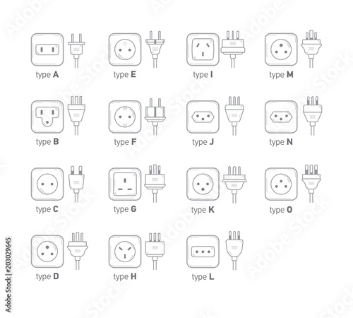 Electric outlet illustration on white background. All type power socket set, vector isolated icon illustration for different country plugs. Power socket - World standards icons set.