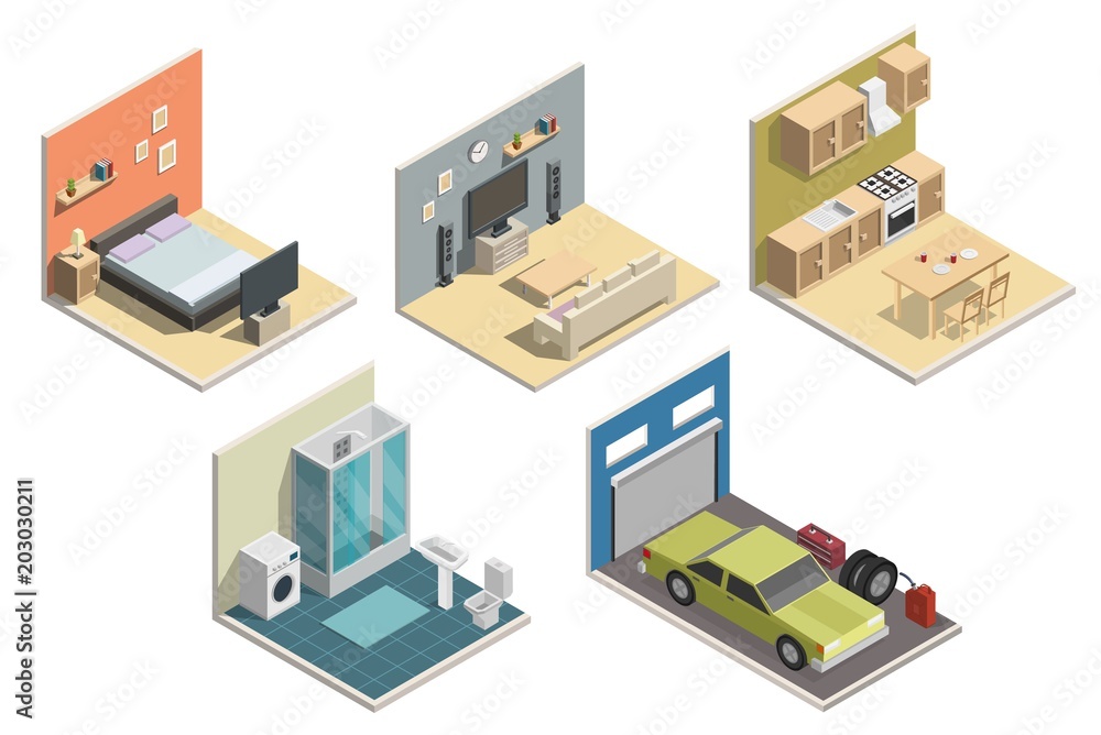 Isometric low poly interior vector illustration modern set of bathroom, kitchen, living room, bedroom, garage.