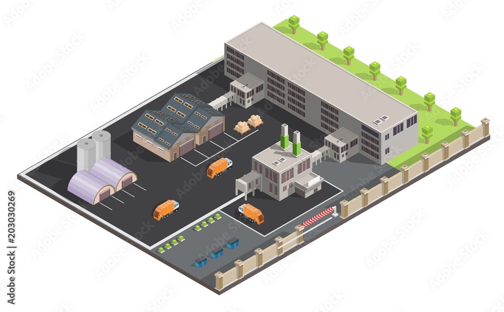 Isometric low poly waste processing plant infographic Isometric low poly waste processing plant infographic