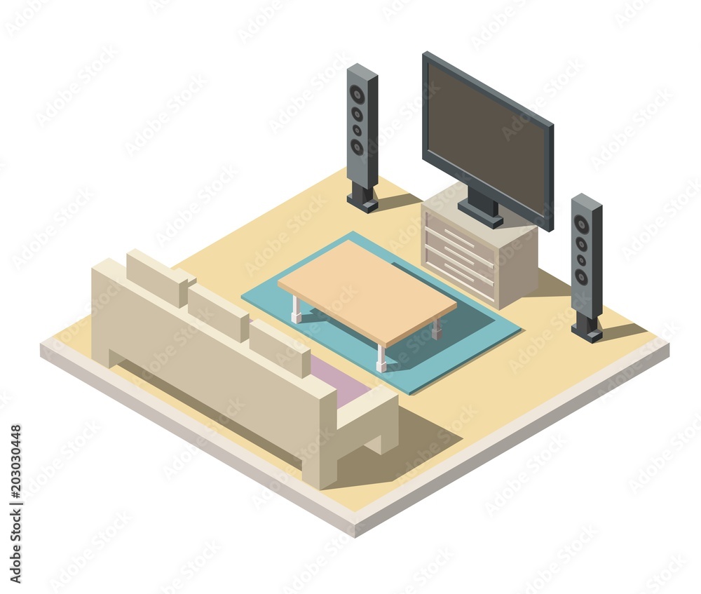 Isometric Home cinema low poly objects isolated set elements Isometric Home cinema low poly objects isolated set elements