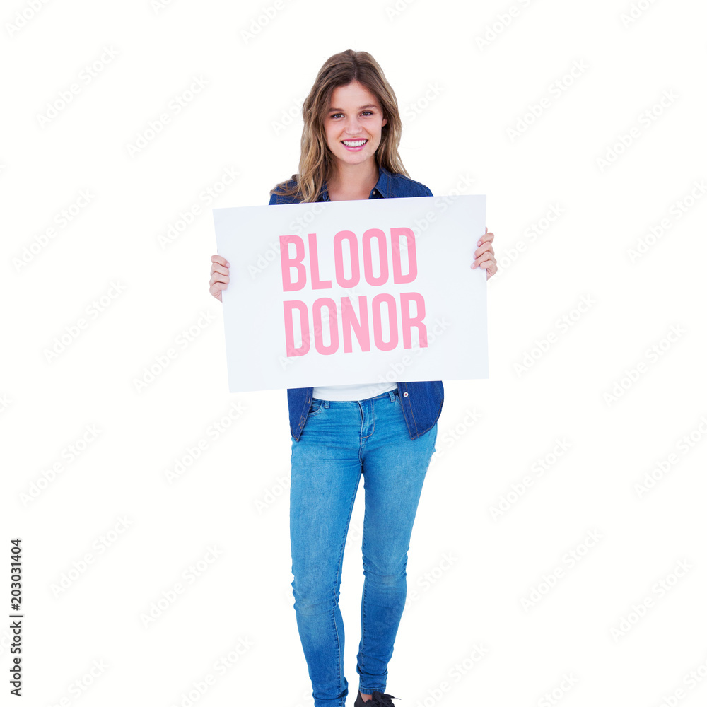 Woman holding poster against blood donor Woman holding poster against blood donor