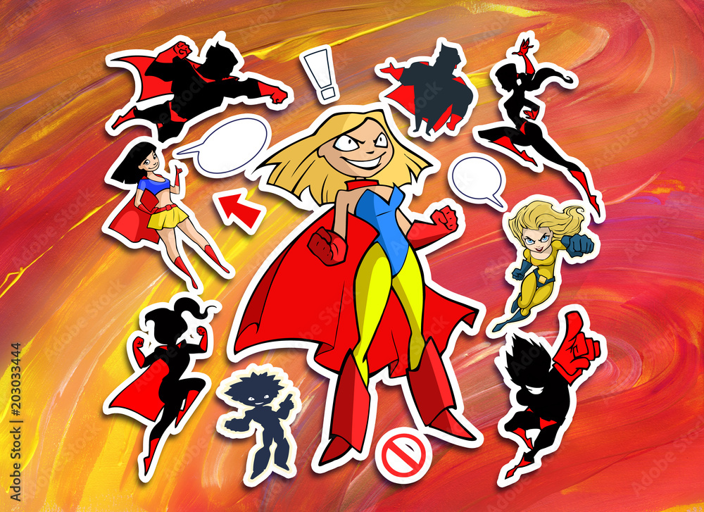Fototapeta premium Bright and colorful cartoon set of funny and awesome superheroes stickers in cool costumes