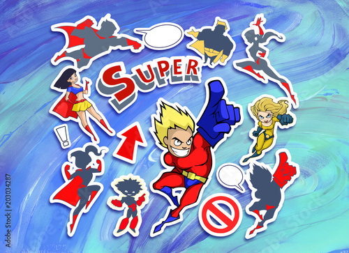 Bright and colorful cartoon set of funny and awesome superheroes stickers in cool costumes