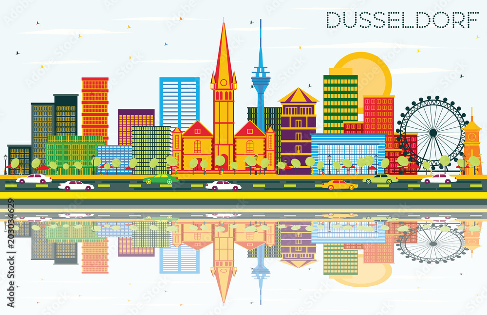 Fototapeta premium Dusseldorf Skyline with Color Buildings, Blue Sky and Reflections.
