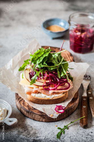 Ham and Pickeled Red Onion Open Sandwich