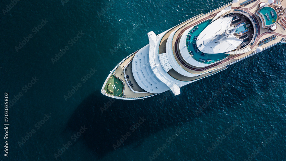 Aerial view beautiful large cruise ship at sea, Big blue passenger cruise ship vessel sailing across the Gulf of Thailand to Phuket beach. - obrazy, fototapety, plakaty 