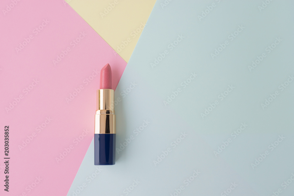 Flat lay of creative female cosmetic for pink lipstick on the colorful background with copy space - obrazy, fototapety, plakaty 