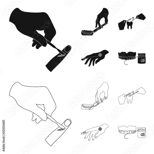Anesthetic injection, dental instrument, hand manipulation, tooth cleaning and other web icon in black,outline style.bactericidal plaster, medicine icons in set collection.