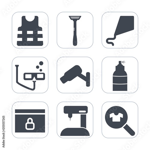 Premium fill icons set on white background . Such as childhood, surveillance, fun, clothes, sew, fly, paint, sky, web, leisure, life, razor, sport, underwater, sewing, kid, security, equipment, kite