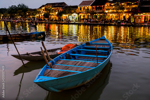 Blue boat on the river in Hoi An Vietnam