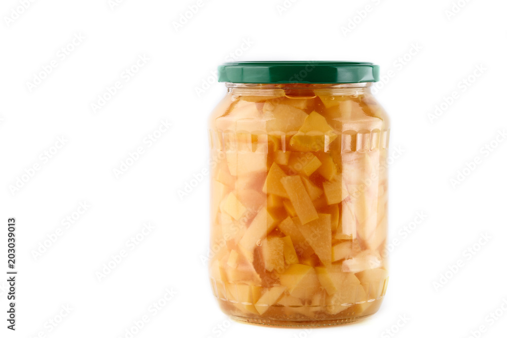 homemade quince jam in glass jar on white background. Isolated. Copyspace homemade quince jam in glass jar on white background. Isolated. Copyspace