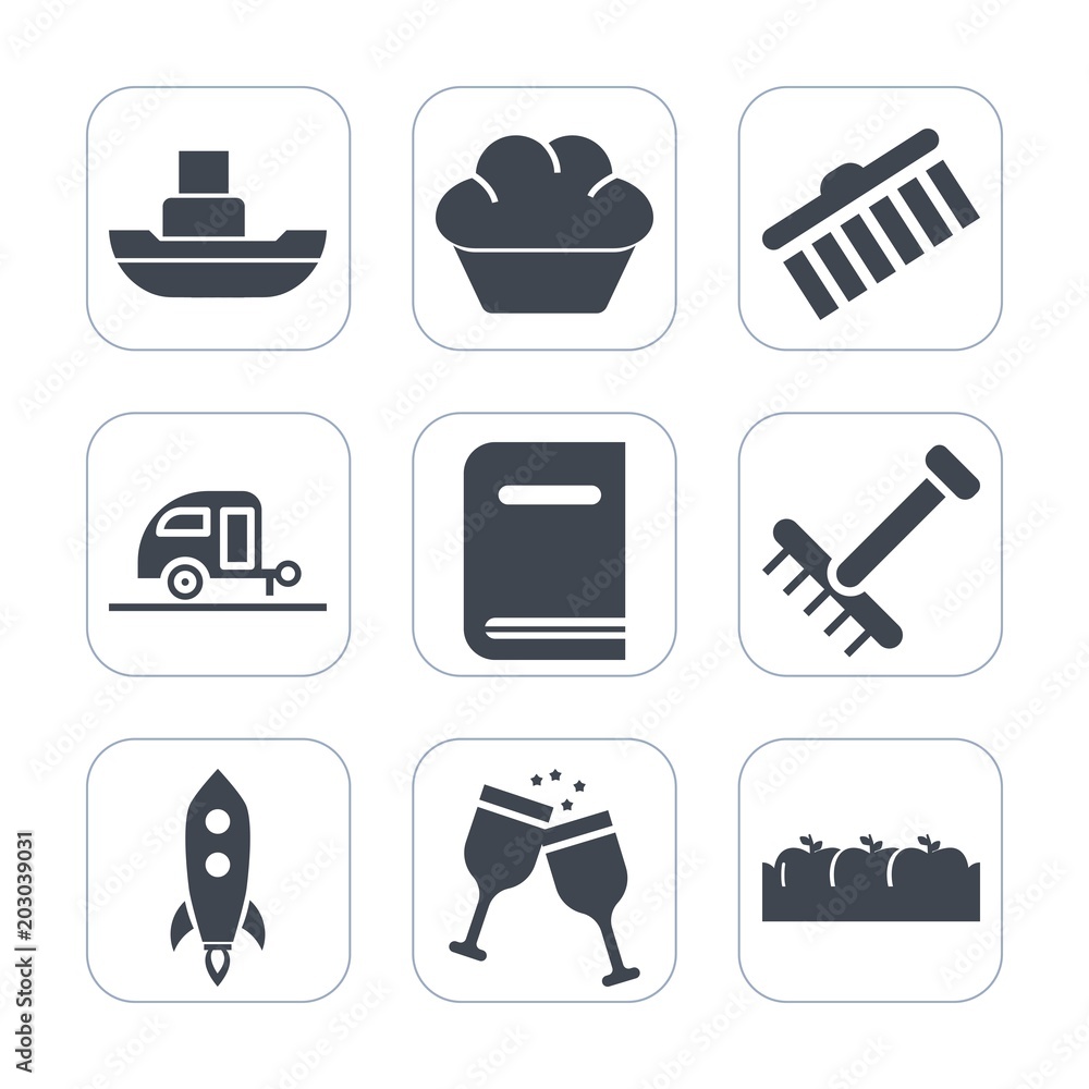 Premium fill icons set on white background . Such as fruit, transport, shape, rake, vacation, wine, rocket, ship, trailer, book, dessert, ocean, journey, box, drink, glass, garden, shipping, healthy Premium fill icons set on white background . Such as fruit, transport, shape, rake, vacation, wine, rocket, ship, trailer, book, dessert, ocean, journey, box, drink, glass, garden, shipping, healthy