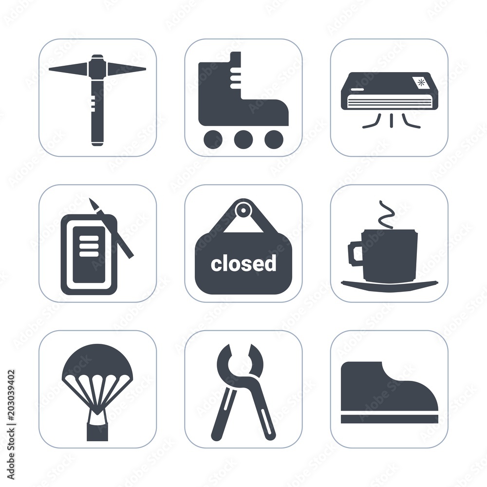 Premium fill icons set on white background . Such as repair, conditioning, tool, drink, hammer, shoe, banner, construction, sign, jump, roller, business, store, skating, skate, fashion, parachuting Premium fill icons set on white background . Such as repair, conditioning, tool, drink, hammer, shoe, banner, construction, sign, jump, roller, business, store, skating, skate, fashion, parachuting