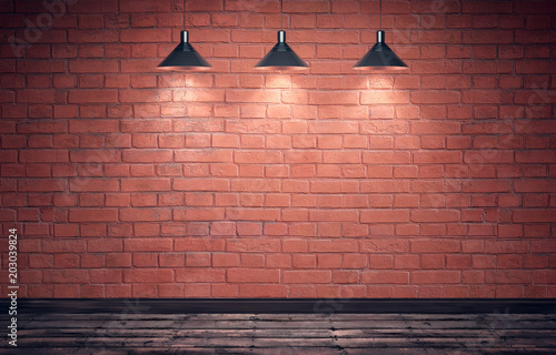 Empty old grungy room with red brick wall and wooden floor. Three hanging metal lamps with directional light. Vintage color correction.