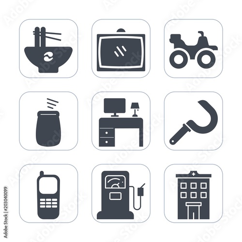 Premium fill icons set on white background . Such as percussion, home, pasta, table, harvesting, fuel, house, station, tv, real, quad, room, extreme, bike, phone, musical, tasty, meal, business, gas