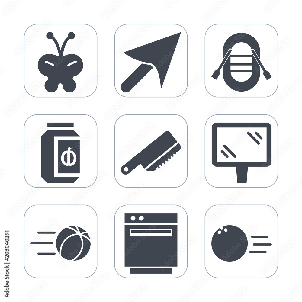 Premium fill icons set on white background . Such as table, road, cursor,  arrow, gas, stove, nature, butterfly, football, sign, boat, wing,  beautiful, jam, summer, game, glass, oven, ball, pointer Stock Vector