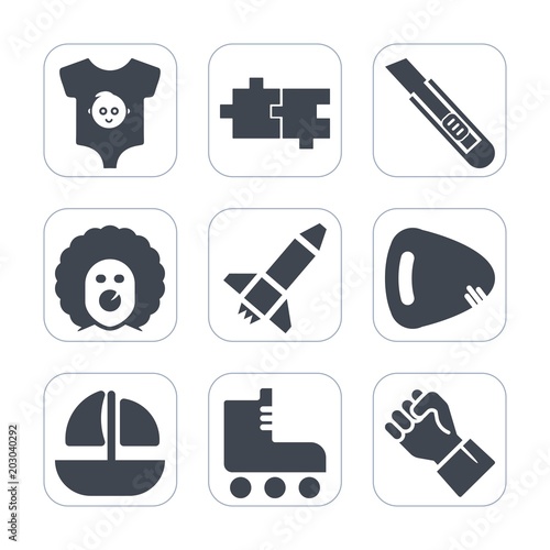 Premium fill icons set on white background . Such as cute, puzzle, guitar, small, ship, fun, skating, ocean, people, scary, cutter, rocket, circus, sport, clothes, hand, newborn, knife, cut, shape