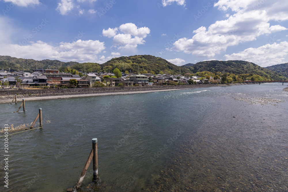 Beautiful view of the town of Uji and the river Uji, in the district of Kyoto, Japan