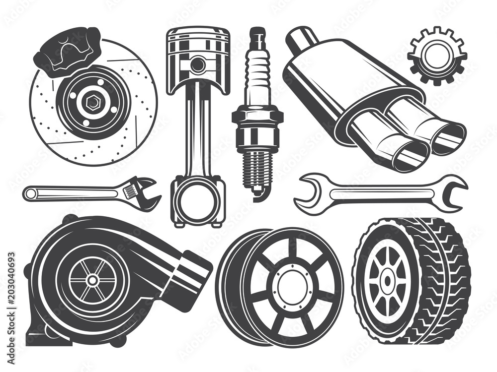 Monochrome pictures of engine, turbocharger cylinder and other automobile tools - obrazy, fototapety, plakaty 