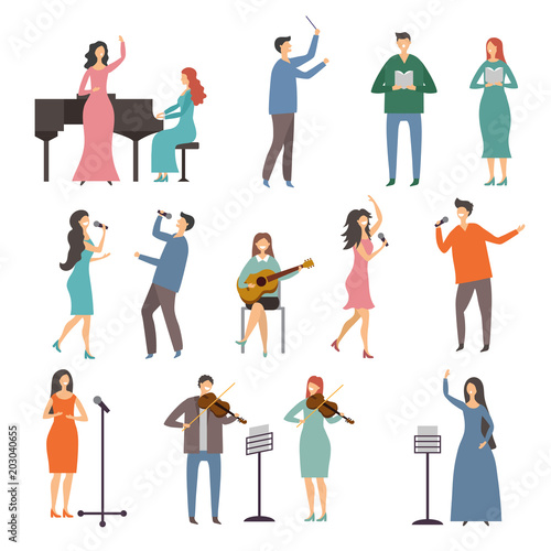 Musician persons in different music duets. Vector characters of singers