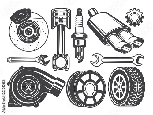 Monochrome pictures of engine, turbocharger cylinder and other automobile tools photo