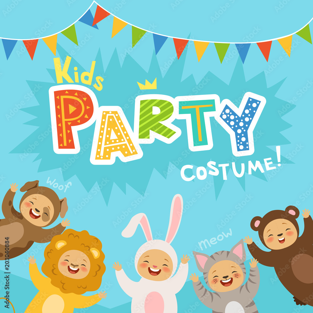 Kids party invitation with illustrations of happy childrens in carnival costumes of animals Kids party invitation with illustrations of happy childrens in carnival costumes of animals