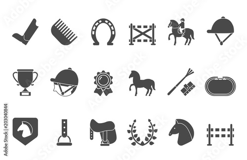 Silhouettes of equestrian sport symbols. Racing horse