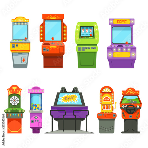 Vector colored illustrations of games machines. Driving simulator and different arcade games in amusement park