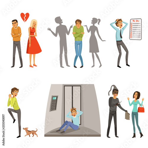 Characters in different scenes. Panic, fear and fright