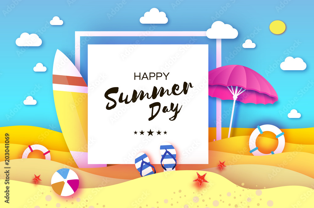 Surfboard. Pink parasol - umbrella in paper cut style. Origami sea and beach with lifebuoy. Sport ball game. Flipflops shoes. Vacation and travel concept. Square frame Space for text. Summertime.