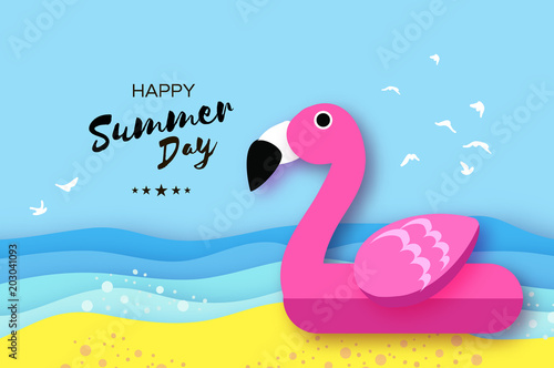 Giant inflatable pink flamingo in paper cut style. Origami Pool float toy on the sunny beach with sand and crystal clear blue sea water. Summer holidays.