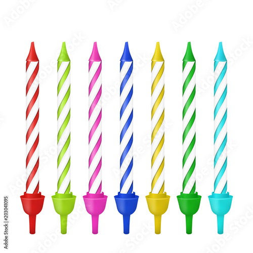 Vector 3d realistic different birthday party colofful wax paraffin cake candle icon set closeup isolated on white background. Design template, clipart for graphics