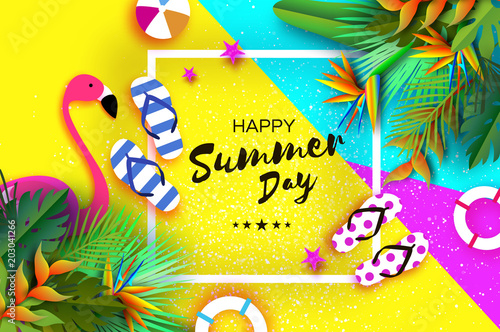 Pink Flaingo. Flower Strelitzia. Bird of paradise - exotic tropical plant. Palms. Origami lifebuoy. Sport ball game. Flipflops shoes. Vacation and travel concept. Summertime. Square frame. Text.