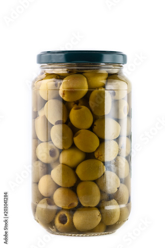 Green olives jar on a white background