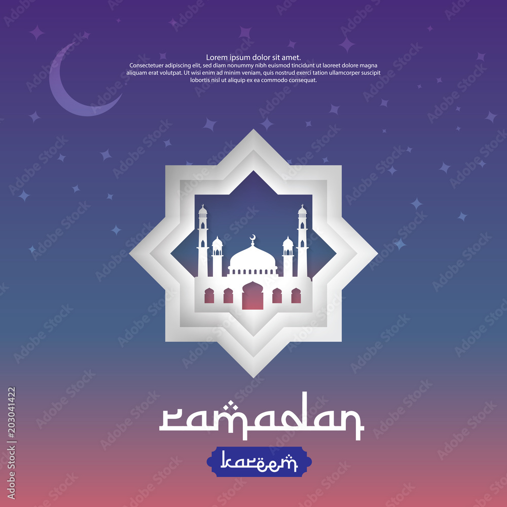 Ramadan Kareem islamic greeting card design with 3D dome mosque element in paper cut style. background Vector illustration.