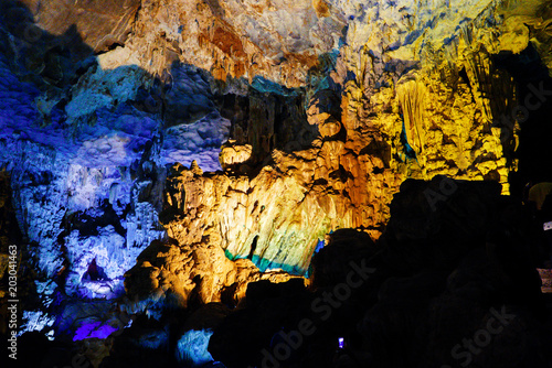 Colorful inside of Hang Sung Sot cave world heritage site in Halong Bay, Vietnam