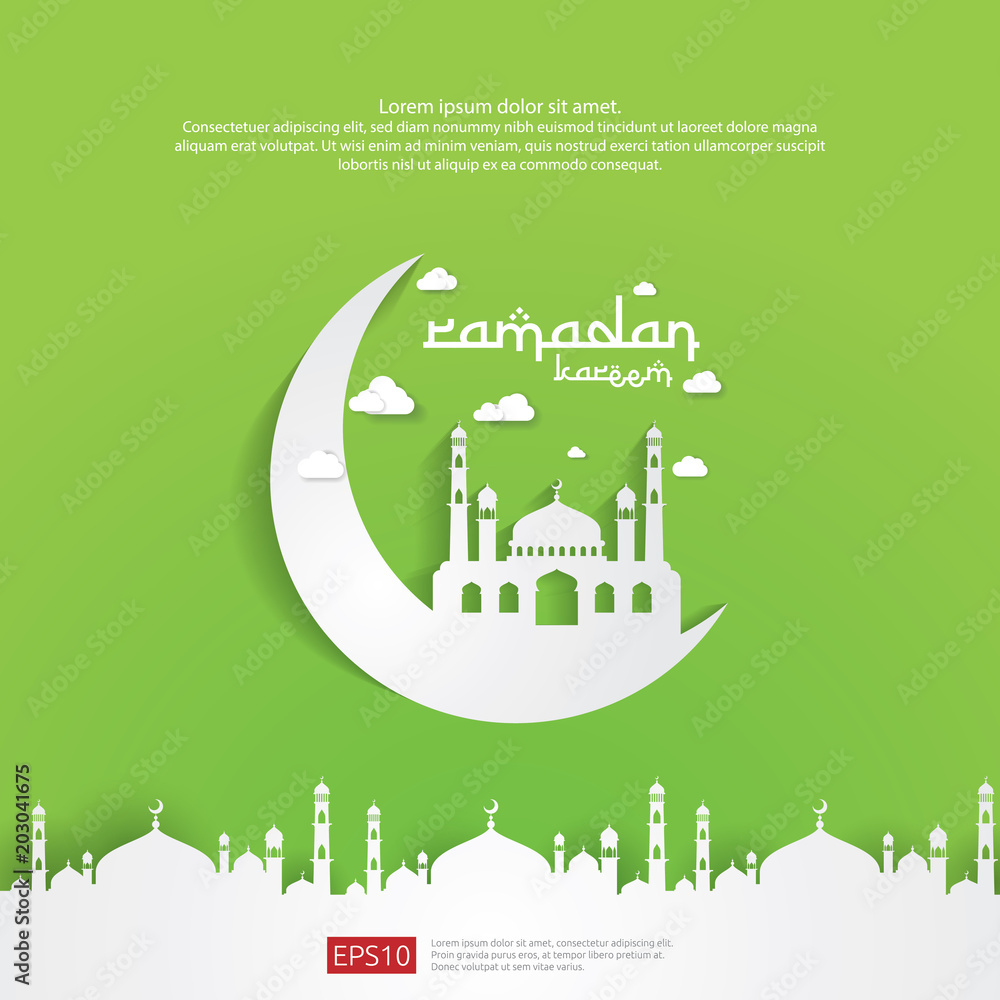 Fototapeta premium Ramadan Kareem islamic greeting card design with 3D moon and dome mosque element in paper cut style. background Vector illustration.