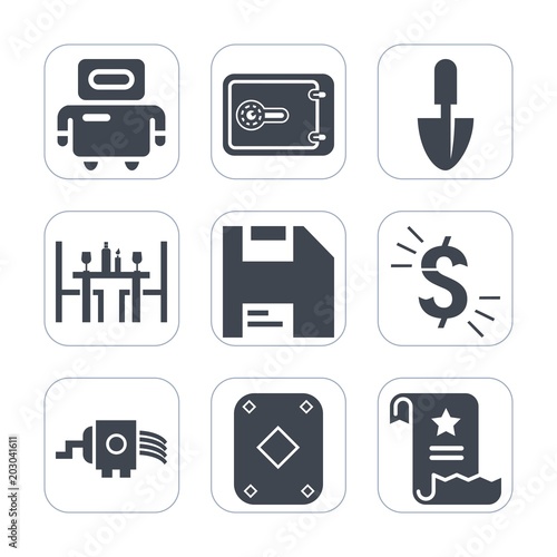 Premium fill icons set on white background . Such as dollar, banking, document, game, tool, currency, cyborg, sign, technology, machine, kitchen, shovel, restaurant, office, food, business, spoon, usd