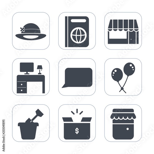 Premium fill icons set on white background . Such as table, cardboard, sandbox, food, immigration, sand, business, office, jar, pack, grocery, cap, passport, jam, hat, box, celebration, work, speech