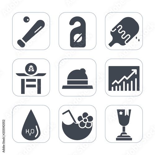 Premium fill icons set on white background . Such as ice, summer, japan, winner, hotel, hat, drink, clothing, cream, motel, fashion, league, culture, japanese, equipment, headwear, field, team, taiko