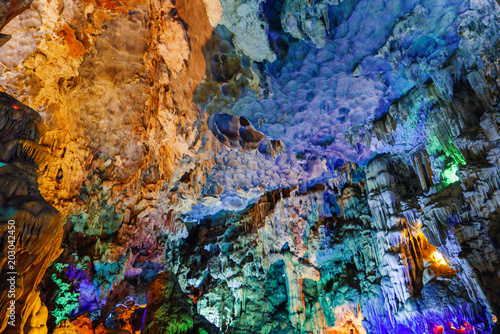 Colorful inside of Hang Sung Sot cave world heritage site in Halong Bay  Vietnam