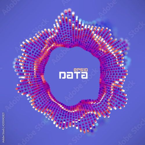 Abstract data sphere turbulence wave. Particles flow science futuristic visualisation. Sound ripple