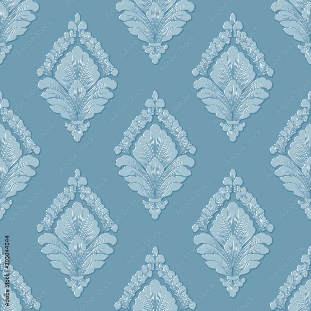 Obraz premium Vector volumetric damask seamless pattern background. Elegant luxury embossed texture for wallpapers, backgrounds and page fill. 3D elements with shadows and highlights.