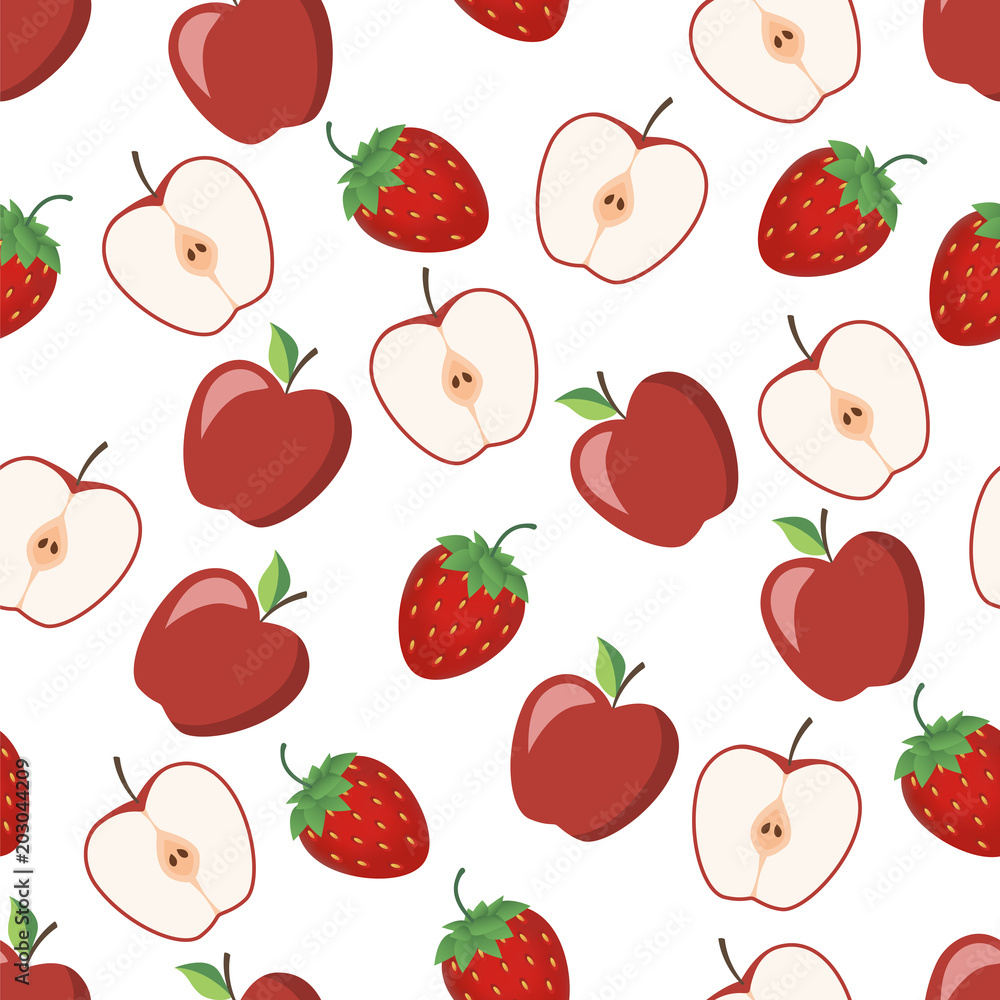 Seamless pattern of apples, halves and strawberries. Vector illustration Seamless pattern of apples, halves and strawberries. Vector illustration