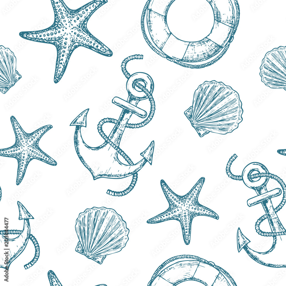 Marine seamless pattern with seashell, starfish and anchor. Vector