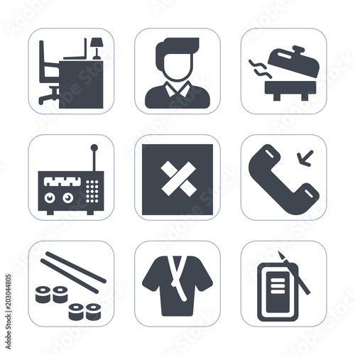 Premium fill icons set on white background . Such as fish, electric, white, button, notebook, fashion, equipment, salmon, web, phone, sign, water, space, casual, closed, call, table, work, bathrobe