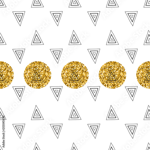 Triangles and golden circles, sequins. Seamless pattern. Geometric, abstract background. Doodle shapes.