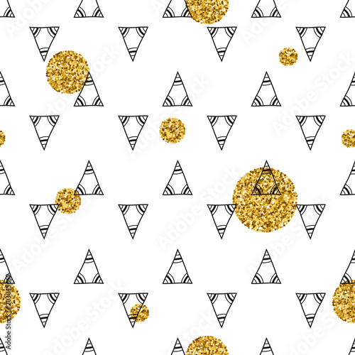 Triangles and golden circles, sequins. Seamless pattern. Geometric, abstract background. Doodle shapes.